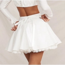 Boho Inspired WHITE BOW MINI SKIRT Lace Details new summer skirt for Women Sweet A Line Sexy Short skirt female