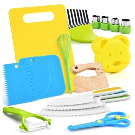 17PCS Kids Cooking sets Real Cooking Montessori Kitchen Tools for Toddlers Kids Safe Knives for 2/3/4/5/6/7/8 Year Old